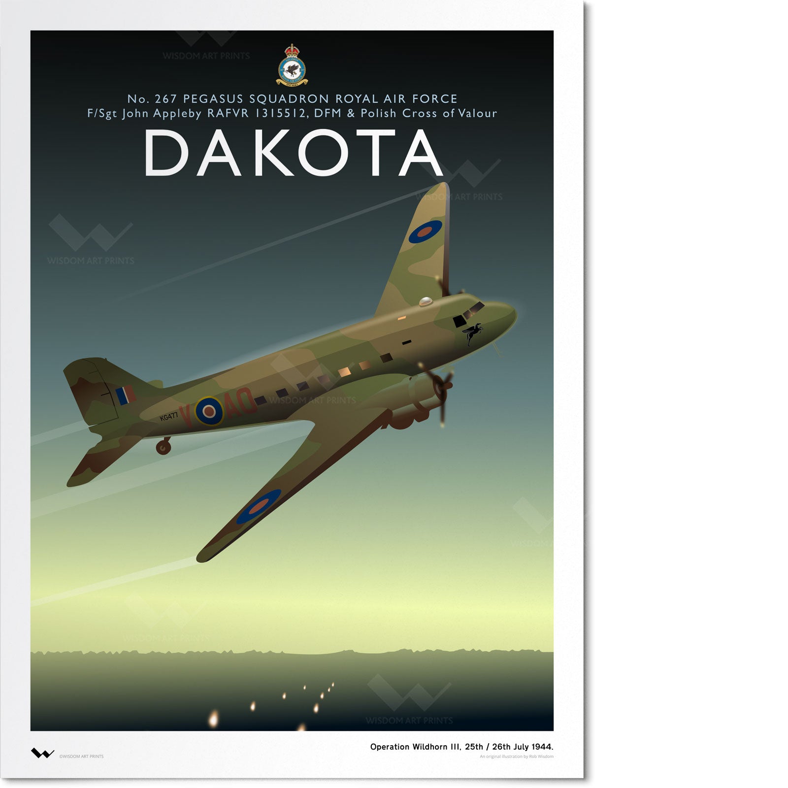 Original illustration of Douglas Dakota KG477, depicted making a clandestine nighttime landing in occupied Poland during Operation Wildhorn III.
