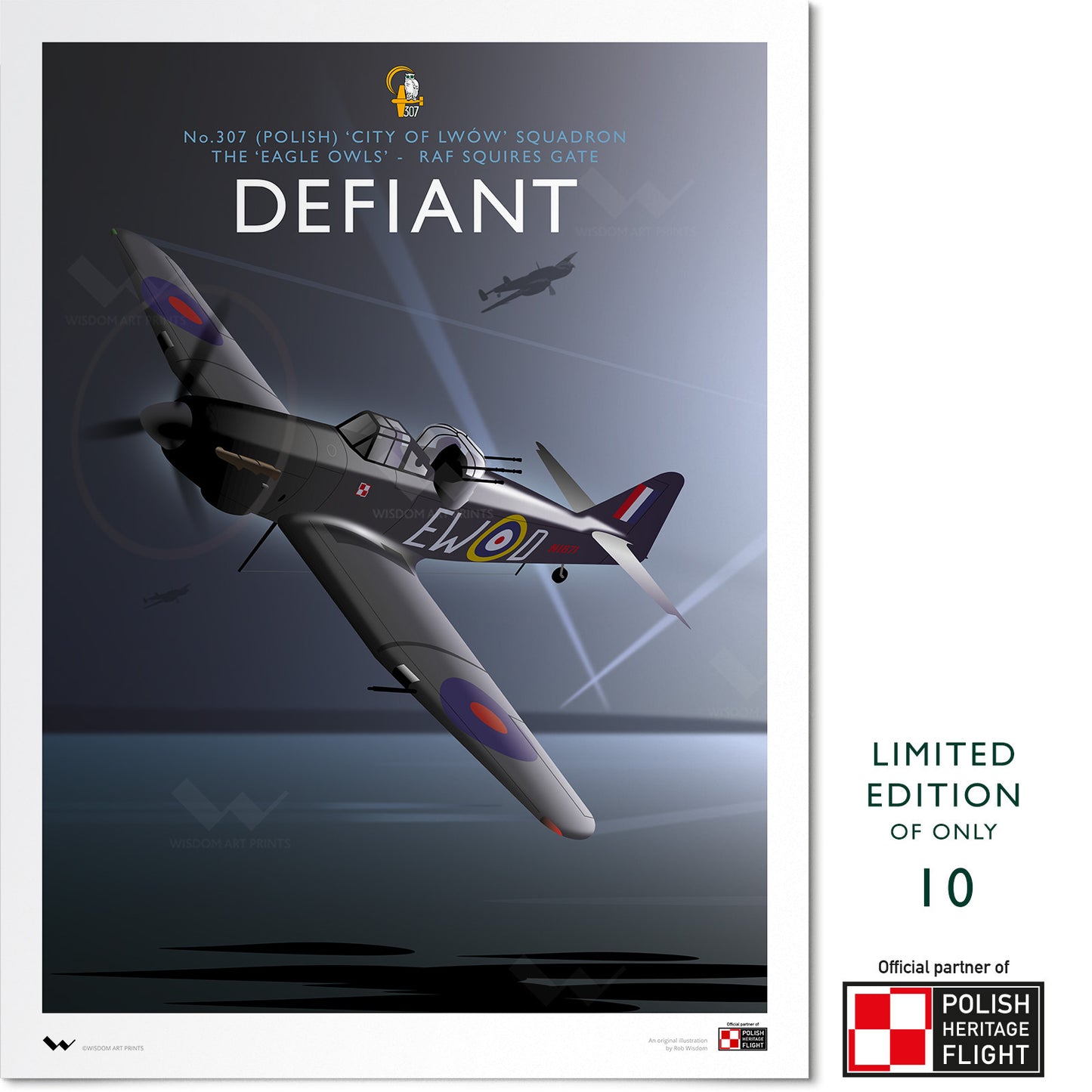 Limited edition art print showing a Boulton Paul Defiant night fighter in the markings of No. 307 (Polish) Squadron RAF, in Wisdom Art Prints' art-deco inspired style. In partnership with Polish Heritage Flight.