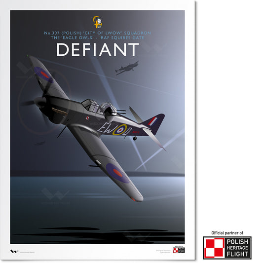 Original art print depicting a Boulton Paul Defiant night fighter in the colours of No. 307 (Polish) Squadron RAF, in Wisdom Art Prints' art-deco inspired style. In partnership with Polish Heritage Flight.