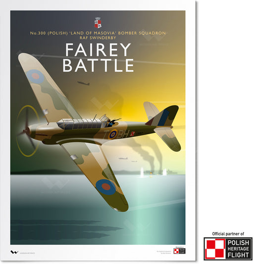 A vintage-style poster print featuring a World War II-era fighter plane flying over water, with the large title 'FAIREY BATTLE' and smaller text reading 'No.300 (POLISH) LAND OF MASOVIA BOMBER SQUADRON RAF SWINDERSBY.