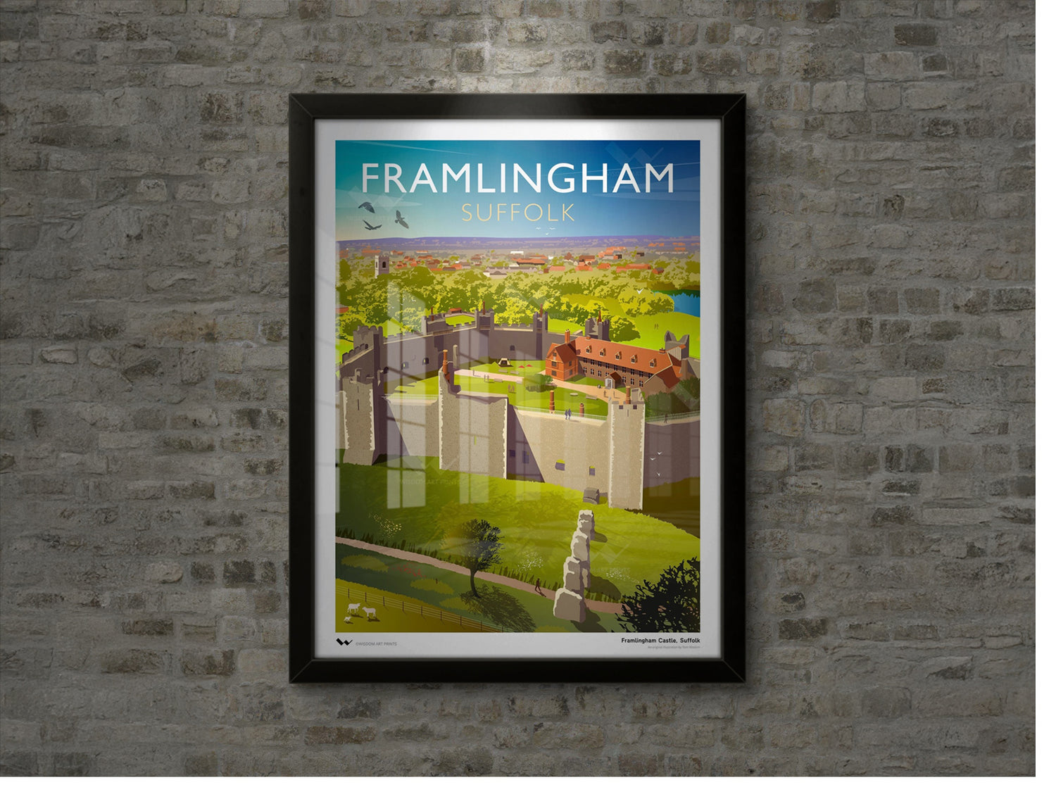 Original art print of Framlingham Castle, shown here framed and mounted on a wall.