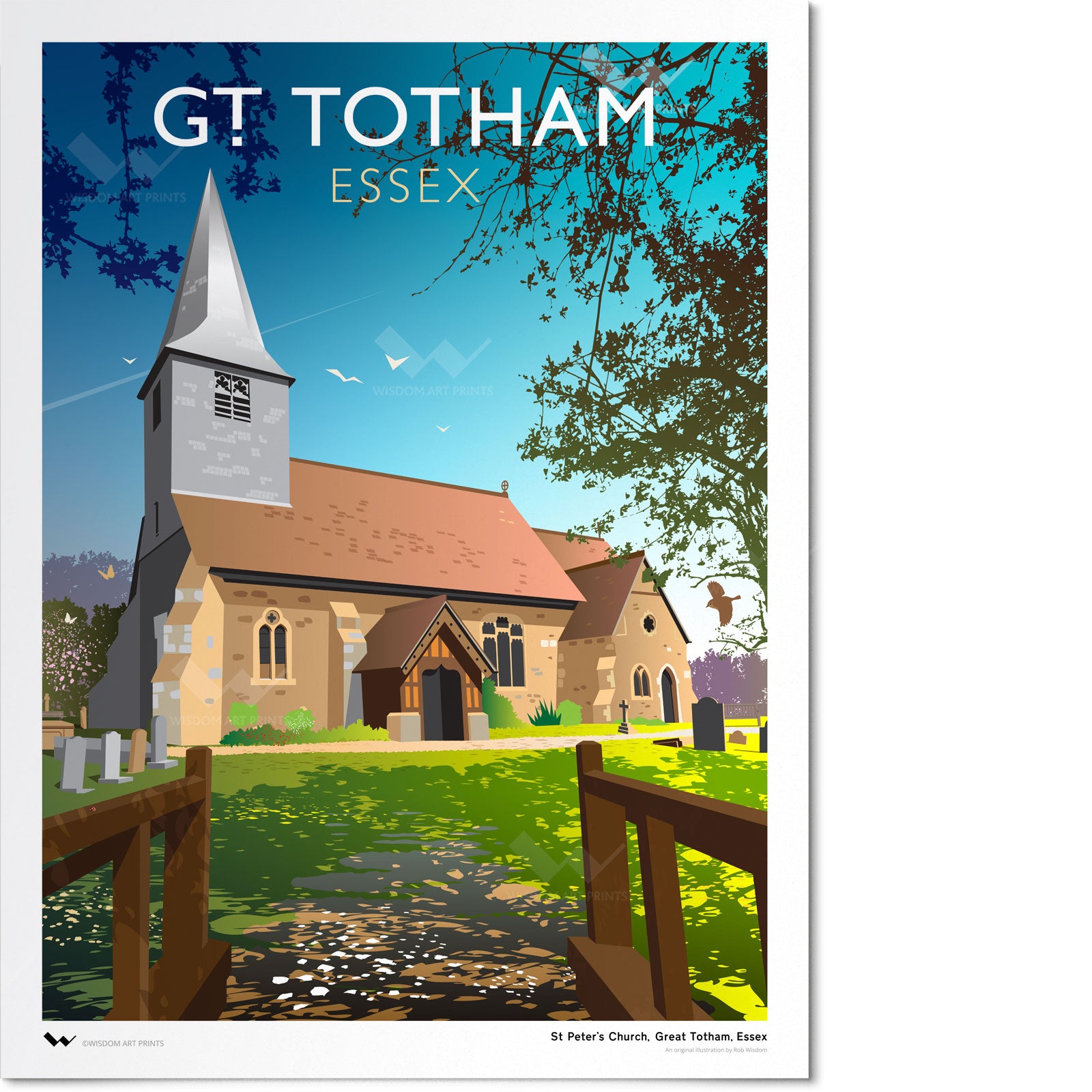 Original art print of Great Totham, Essex. St Peter's Church in the centre of the illustration, framed by tree branches, which cast shadows on the grassy churchyard.