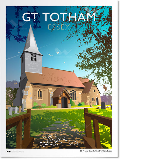 Original art print of Great Totham, Essex. St Peter's Church in the centre of the illustration, framed by tree branches, which cast shadows on the grassy churchyard.