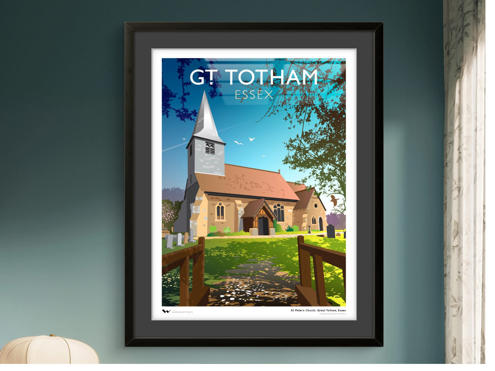 Our original illustration of Great Totham, show here in a black frame against a teal wall.