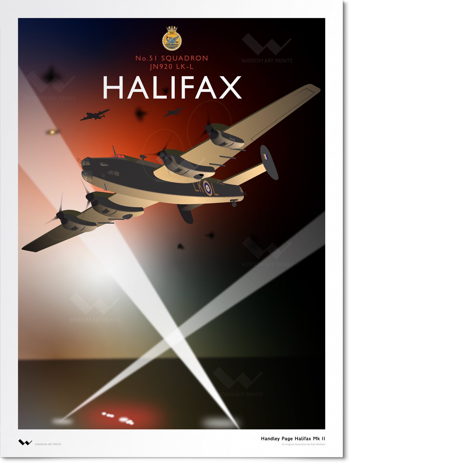 Original art print depicting a Handley Page Halifax bomber, flying above a dark landscape. The sky is black tinged with red, crisscrossed by bright searchlights.