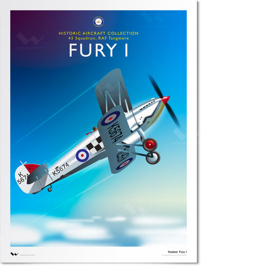 Original illustration of a Hawker Fury I bi-plane fighter aircraft, in the markings of No. 43 Squadron at RAF Tangmere.