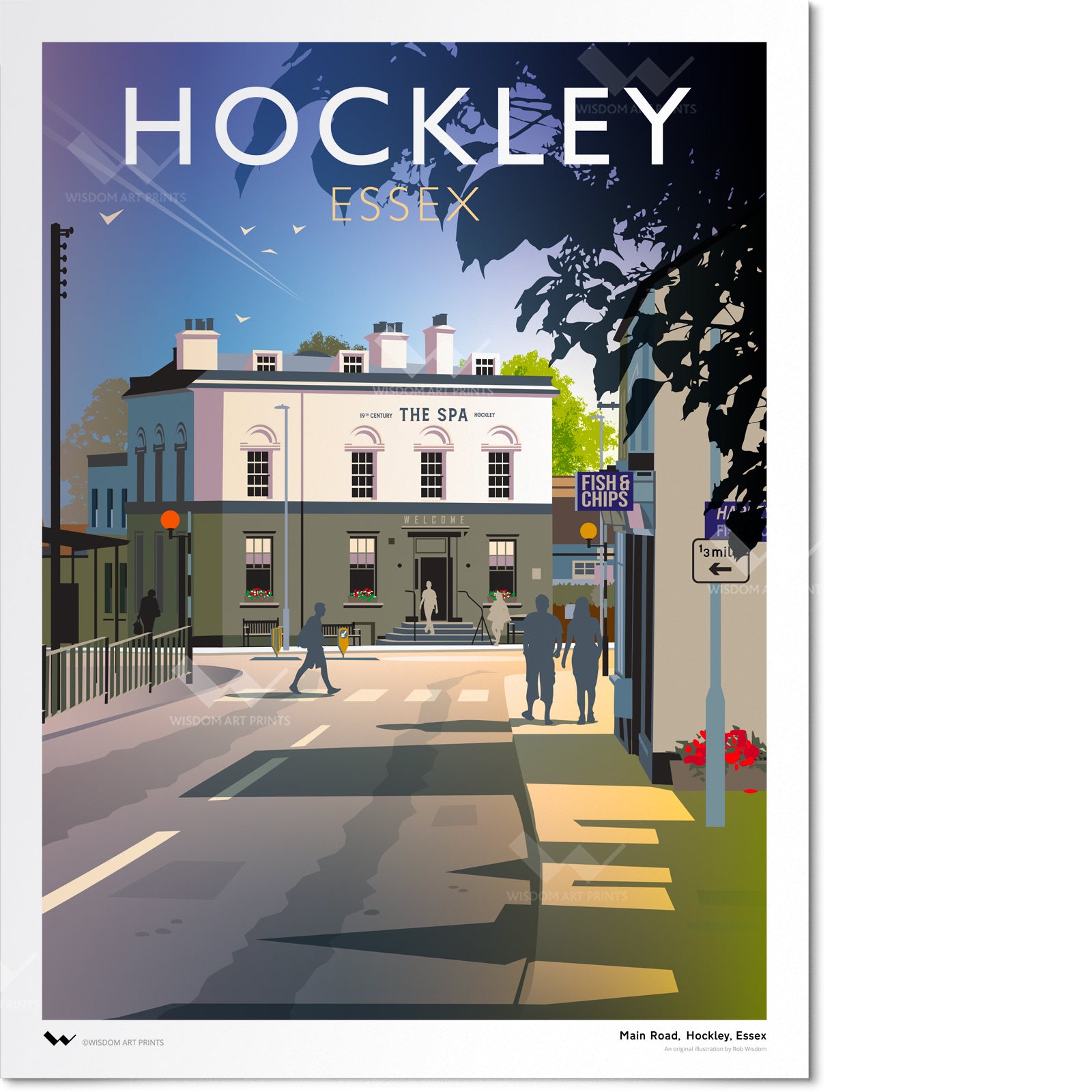 Illustration of a street scene with 'The Spa' building in Hockley, Essex