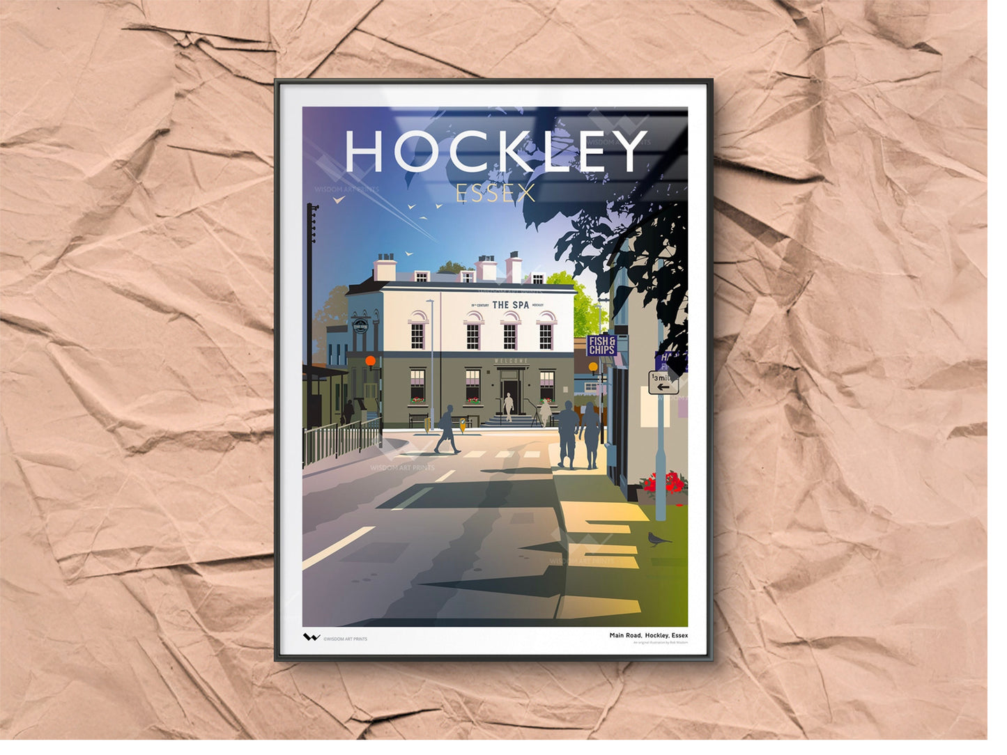 Original illustration of Hockley, Essex, featuring the Spa pub and the local fish and chip shop.