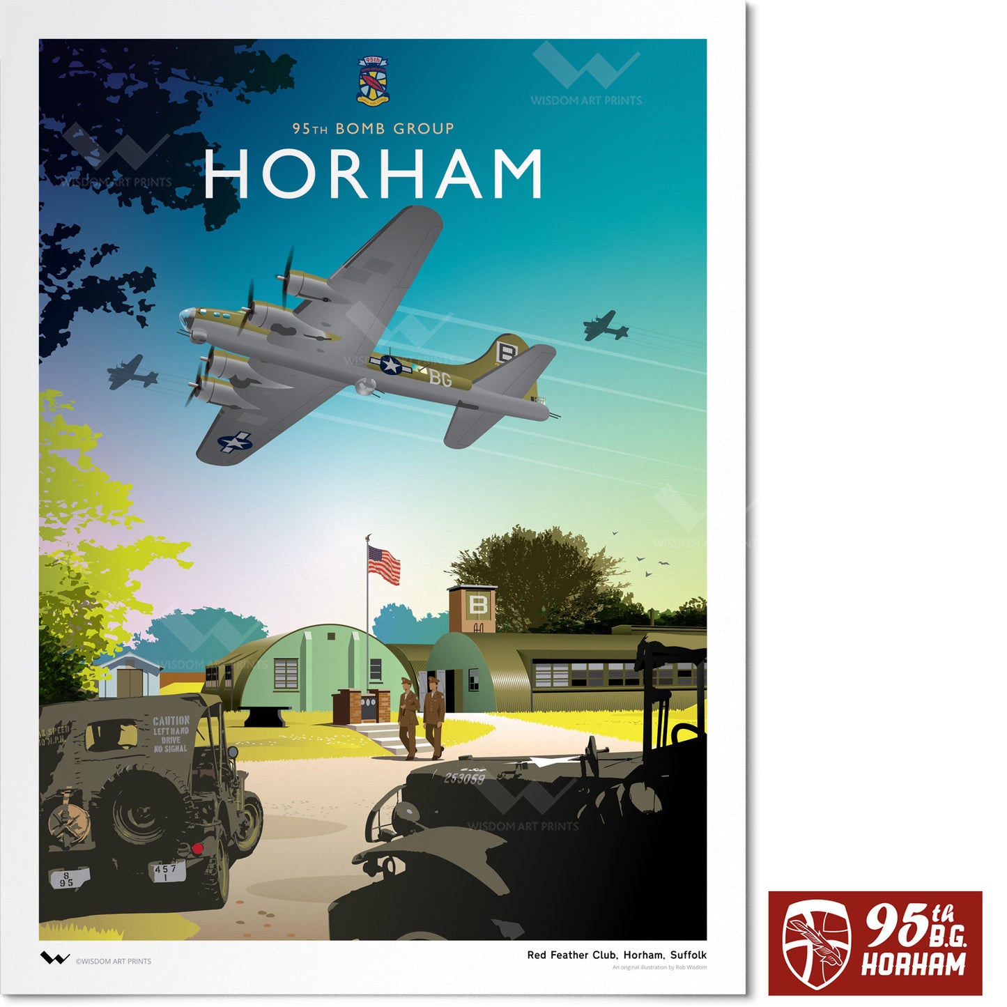 Original art print of Horham Airfield during World War 2. A Flying Fortress flies overhead, while on the ground, two USAAF officers walk from their Nissen huts to a pair of Willys Jeeps. A summer's day. Text at the top reads '95th Bomb Group' small, and 'HORHAM' prominently.