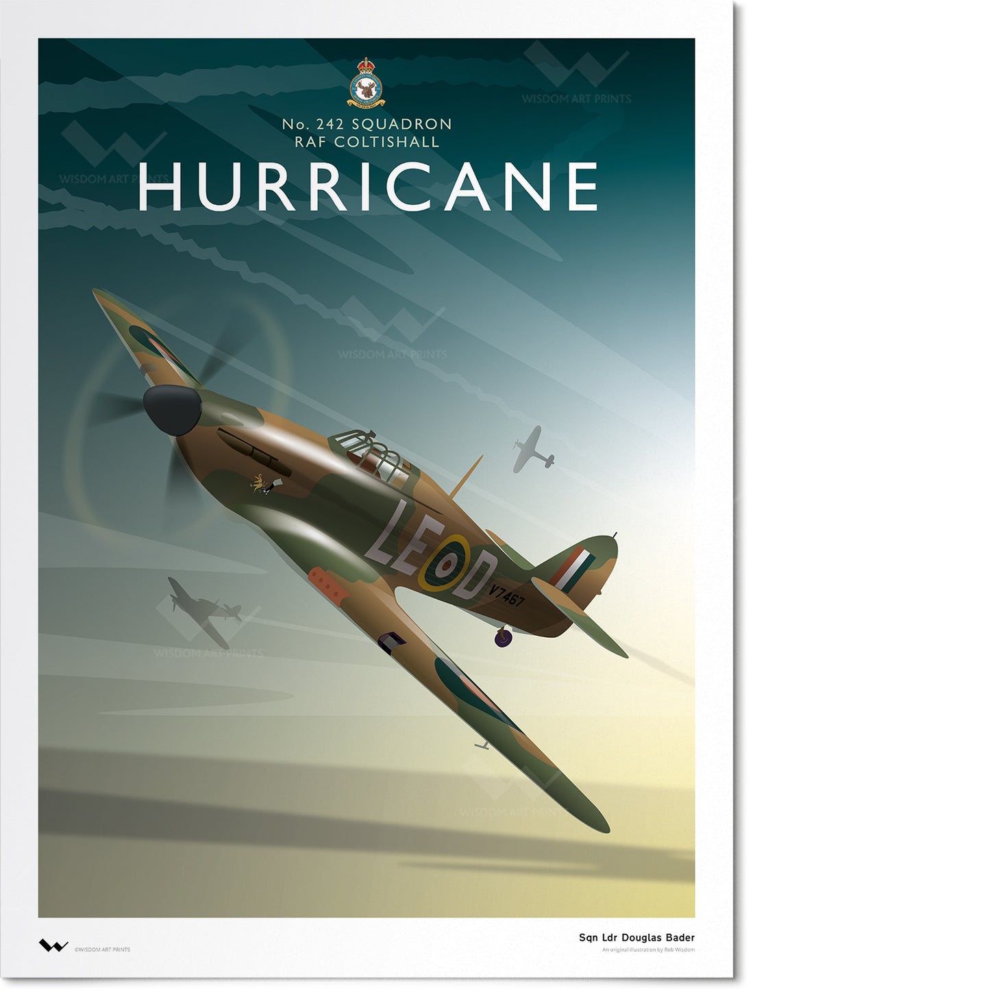 Original illustration of a Hawker Hurricane fighter plane, as flown by Royal Air Force fighter ace Douglas Bader during the Battle of Britain.
