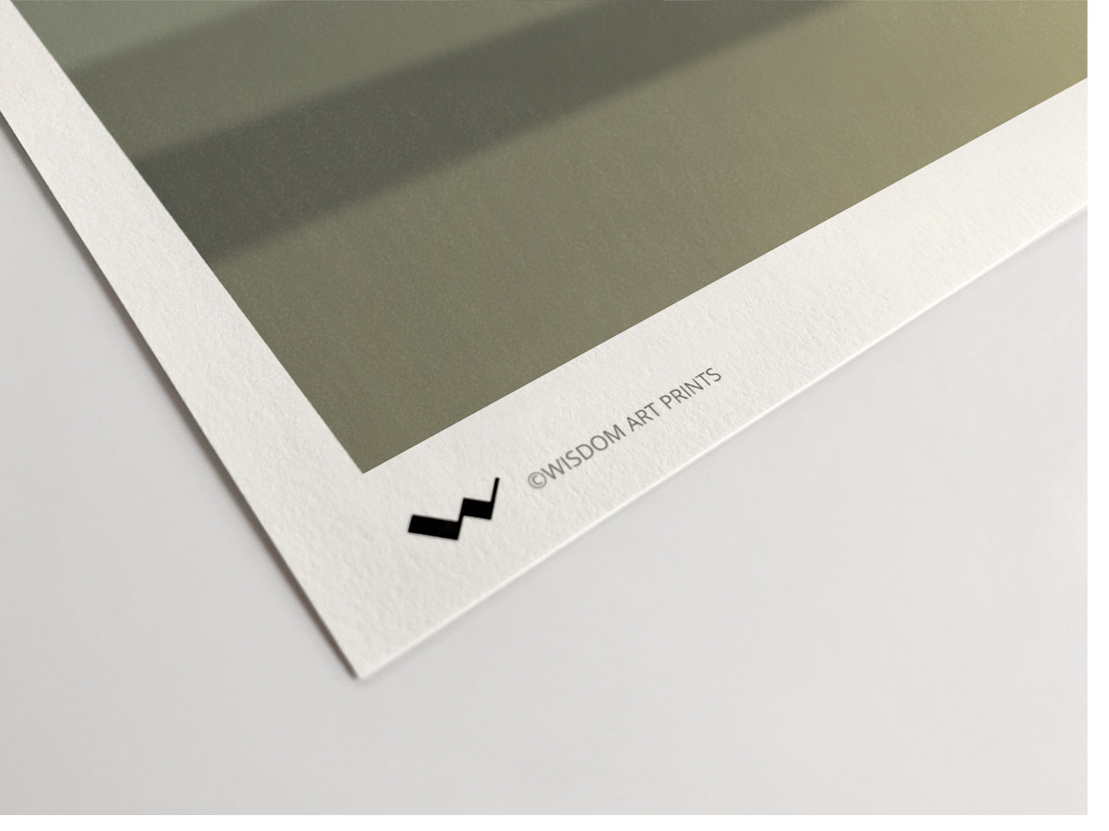 Corner of a framed artwork with a visible Wisdom Art Prints logo on a white background; the close up demonstrates the quality of the paper and of the Giclée printing process.