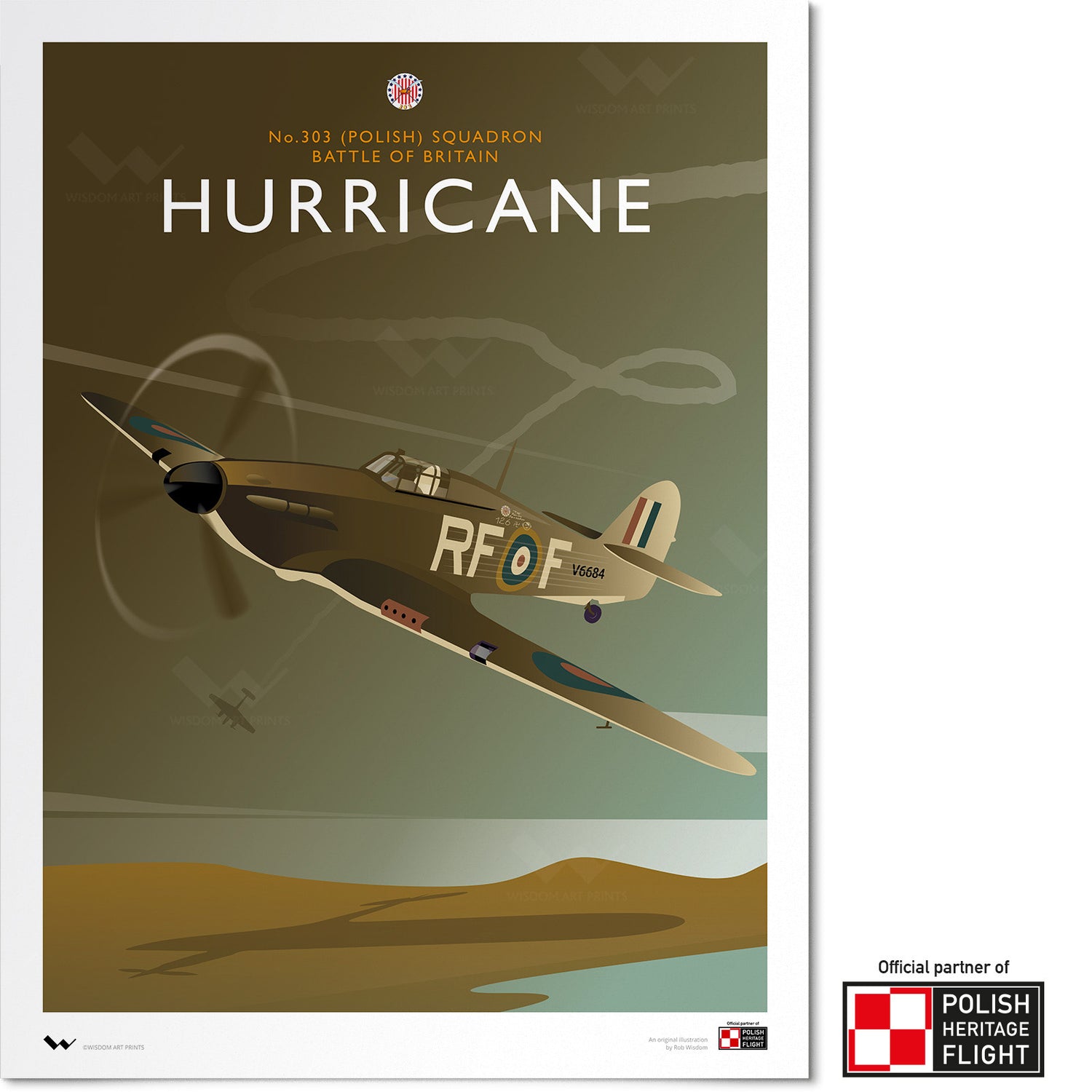 Illustration of a Hawker Hurricane fighter in No. 303 Squadron colours