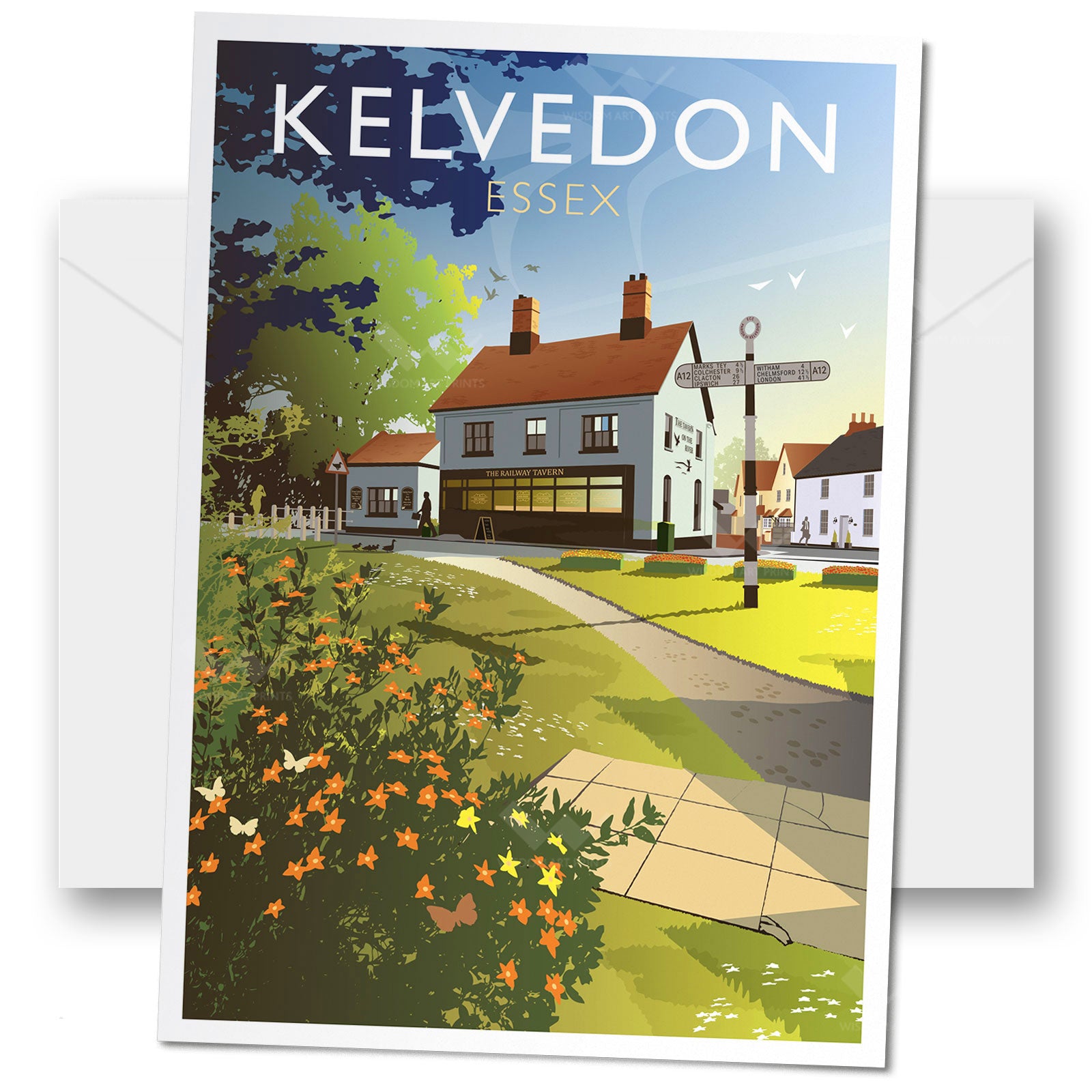 Greeting card with a scenic illustration of Kelvedon, Essex, featuring popular local pub The Railway Tavern