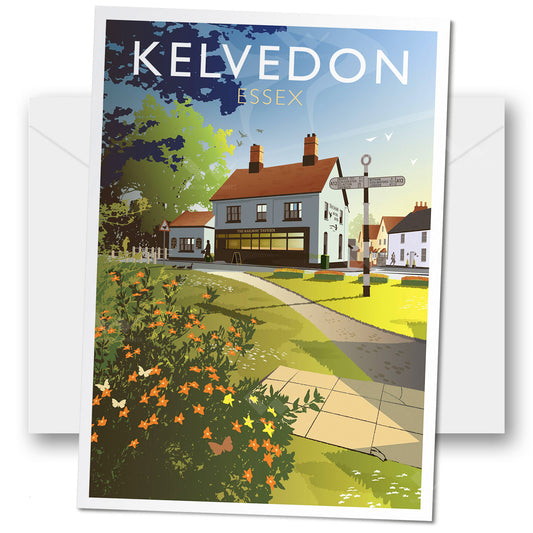 Greeting card with a scenic illustration of Kelvedon, Essex, featuring popular local pub The Railway Tavern