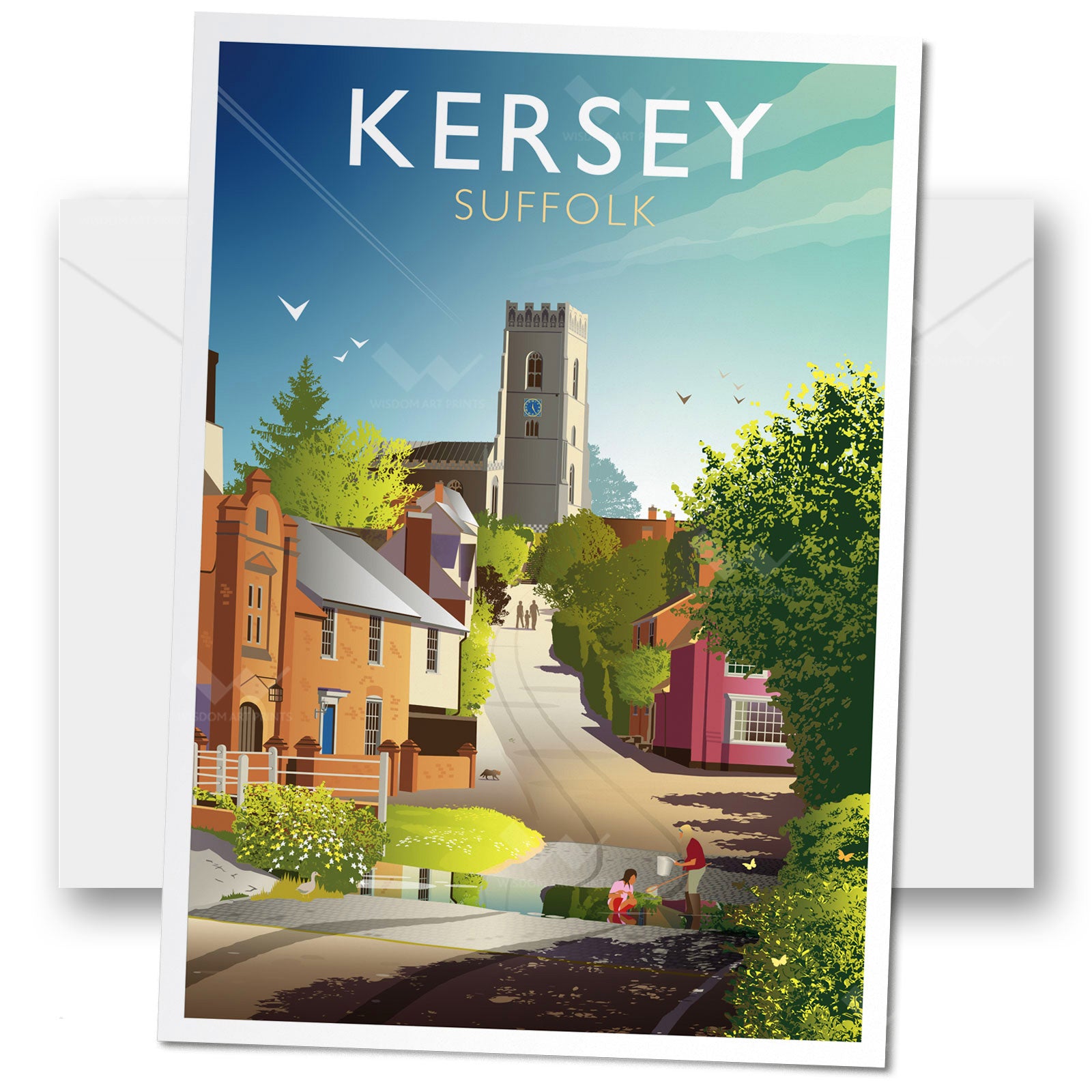 Illustrated greeting card of Kersey, Suffolk with a church and village scene
