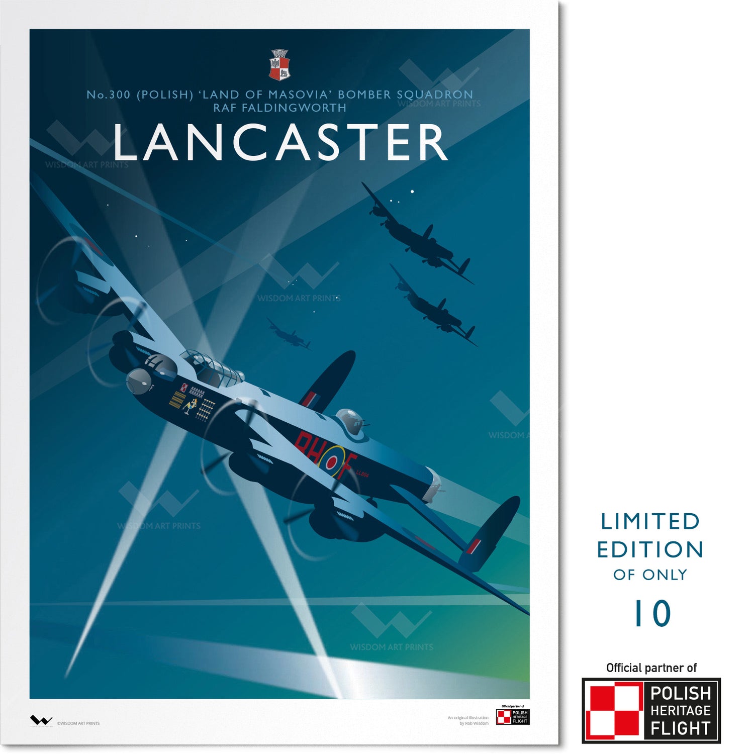 Limited edition art print depicting a Lancaster Bomber in the colours of No. 300 (Polish) Squadron RAF