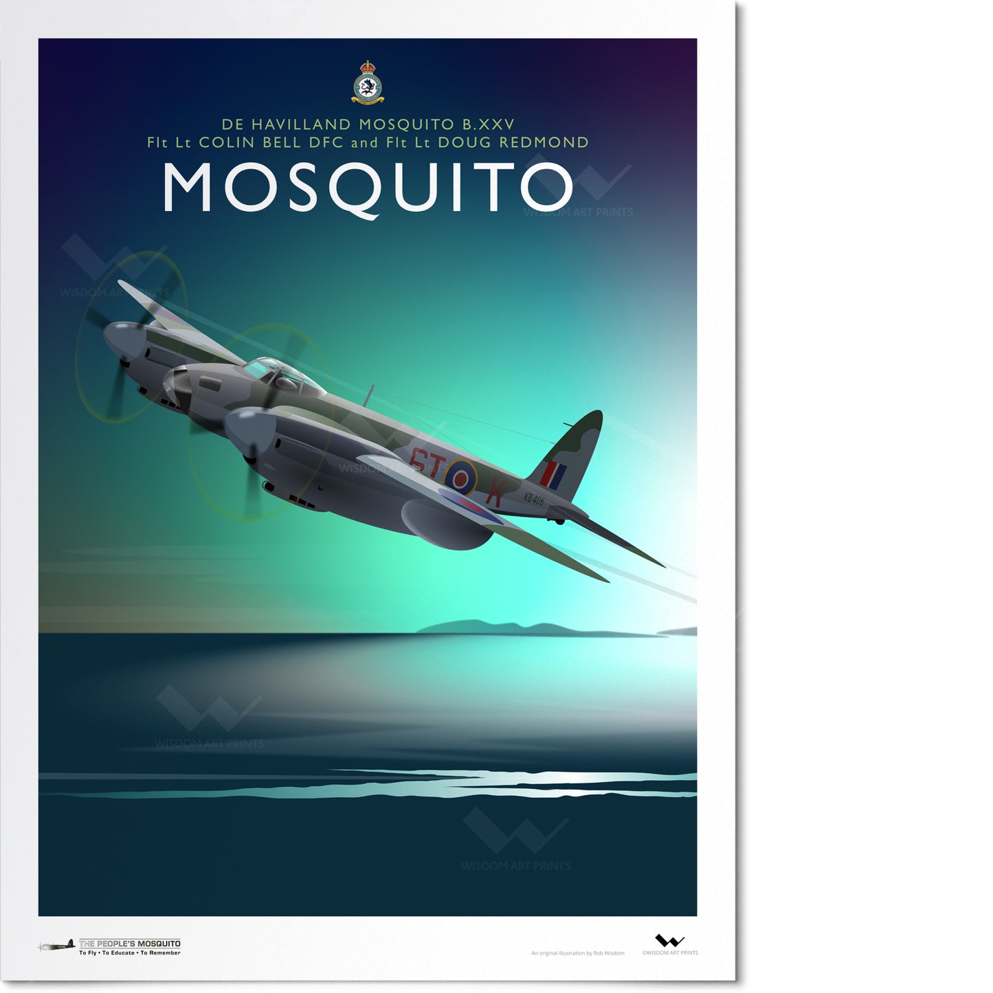 Art print of a de Havilland Mosquito bomber flying over water with a blue gradient background.