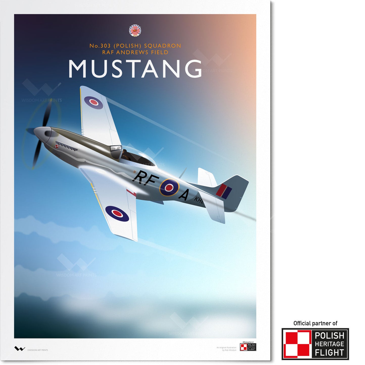 Original art print depicting a Mustang IV fighter plane in the colours of No. 303 Squadron RAF, in an art deco style.