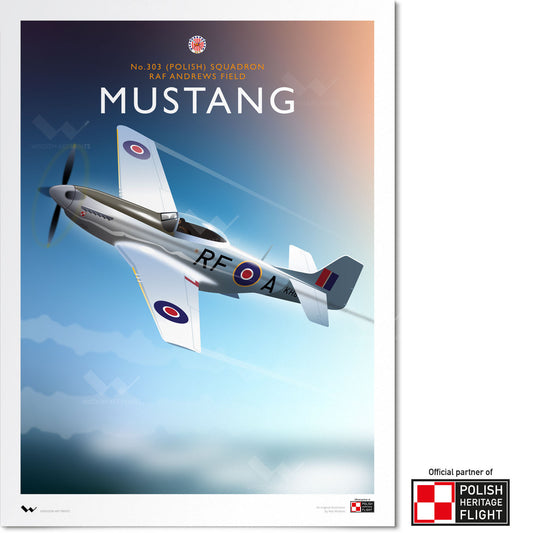 Original art print depicting a Mustang IV fighter plane in the colours of No. 303 Squadron RAF, in an art deco style.