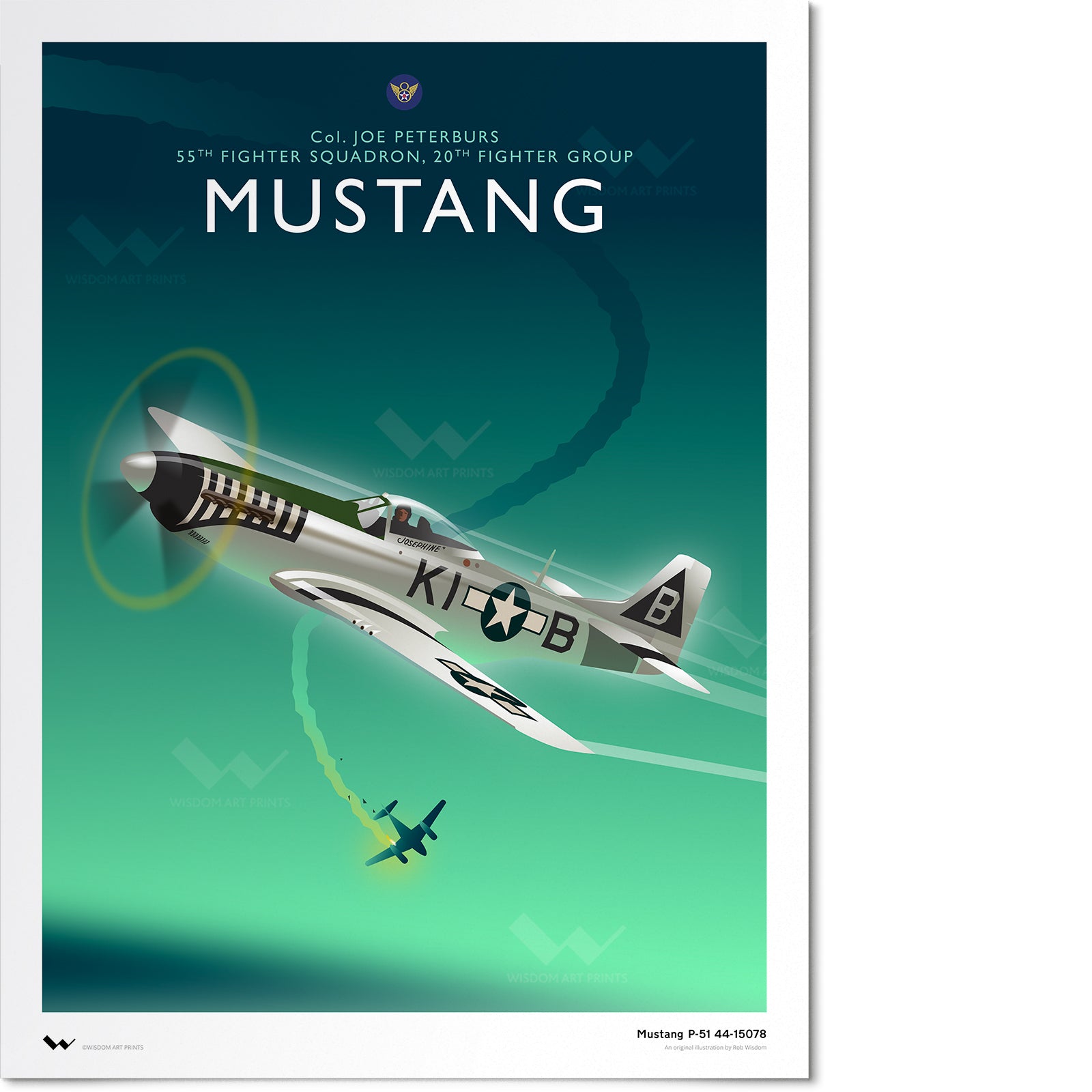 Original art print of a Mustang fighter of World War 2. The title attributes the aircraft to Col. JOE PETERBURS of the 55th Fighter Squadron.