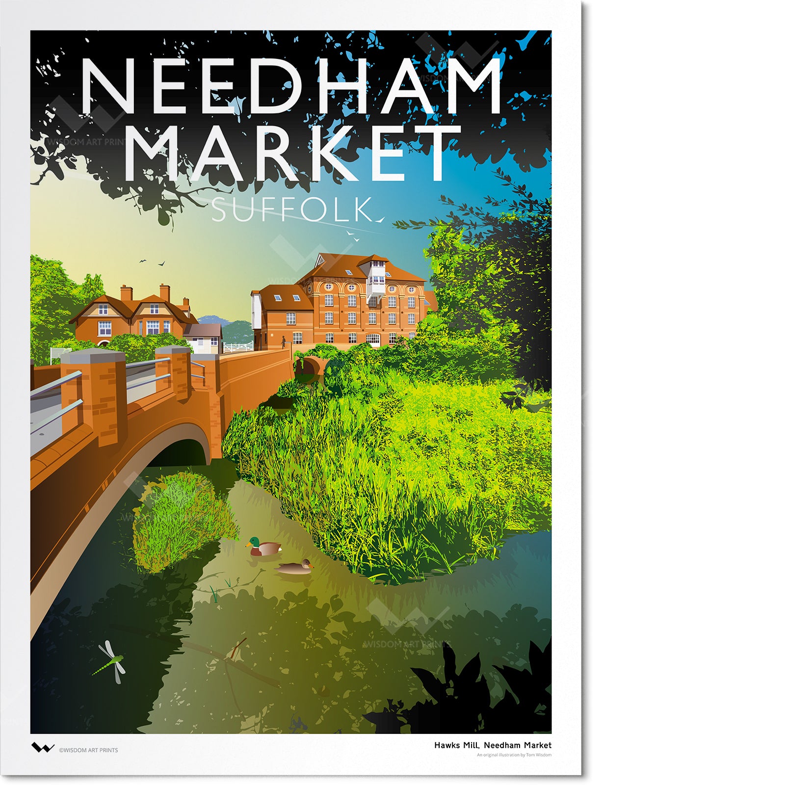 Original art print of Needham Market in Suffolk, depicting a view across the River Gipping towards Hawks Mill. A dragonfly and two mallard ducks can be seen in the illustration.