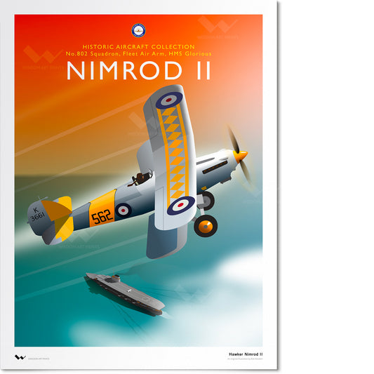 Original illustration of a Hawker Nimrod II biplane, flying above the aircraft carrier HMS Glorious.