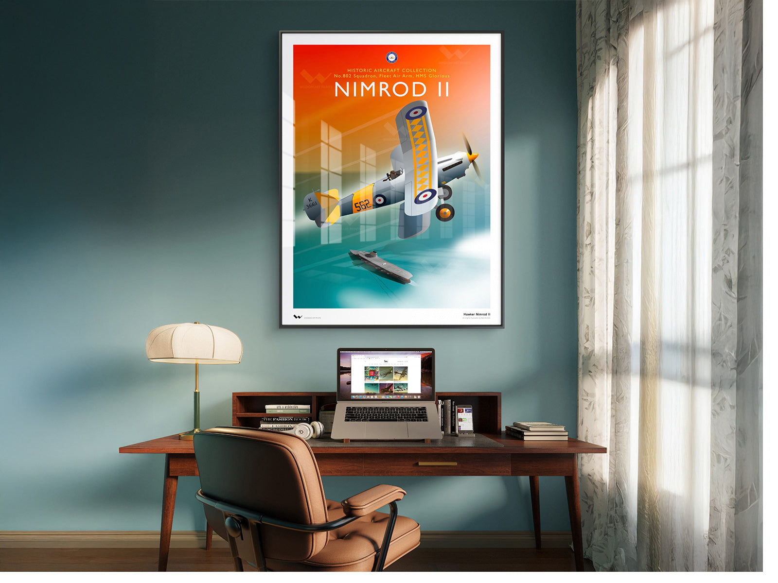 Original illustration of a Fleet Air Arm Hawker Nimrod II, flying above the aircraft carrier HMS Glorious in the 1930s.