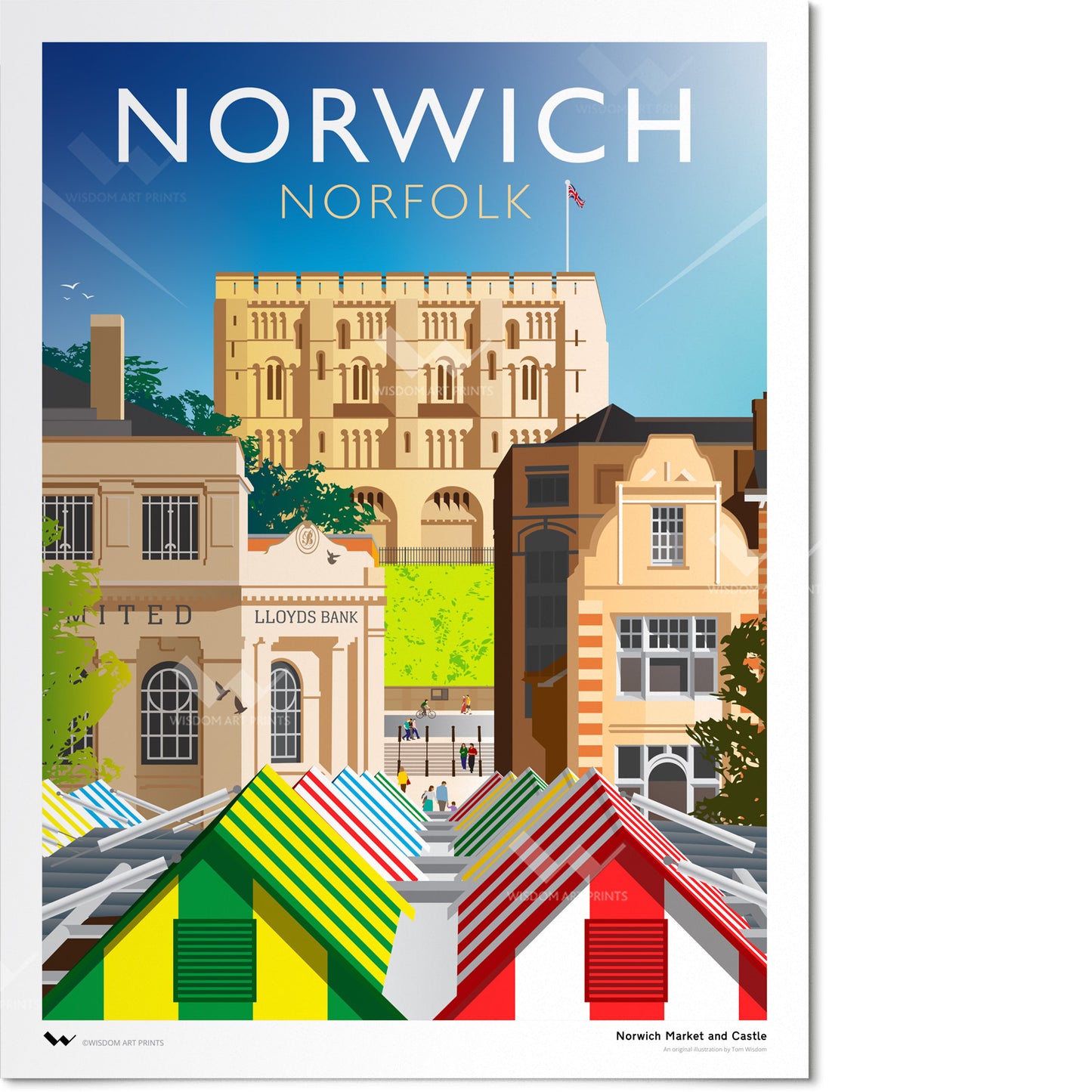 Original art print of Norwich, Norfolk. Foreground shows colourful market stalls. Midground shows a collection of Norwich buildings and a view of pedestrians enjoying the city centre. Background shows Norwich Castle. All shown on sunny day in art deco style.