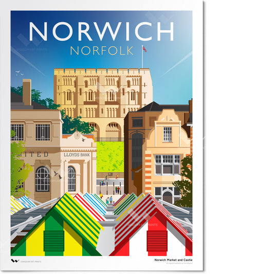 Original art print of Norwich, Norfolk. Foreground shows colourful market stalls. Midground shows a collection of Norwich buildings and a view of pedestrians enjoying the city centre. Background shows Norwich Castle. All shown on sunny day in art deco style.