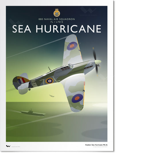 Original illustration of a Sea Hurricane MkIb, flying over the aircraft carrier HMS Indomitable.