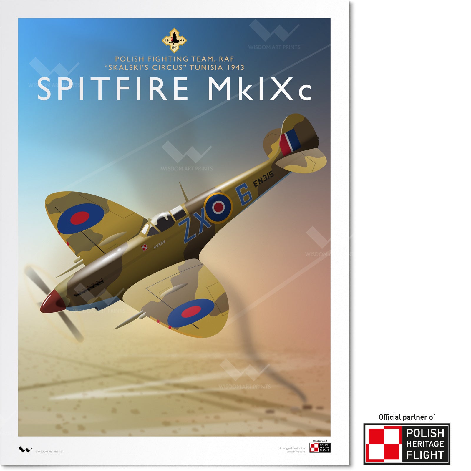 Original illustration of a Spitfire MkIXc in overseas desert markings, flying over the deserts of Tunisia during the North African Campaign of the Second World War.