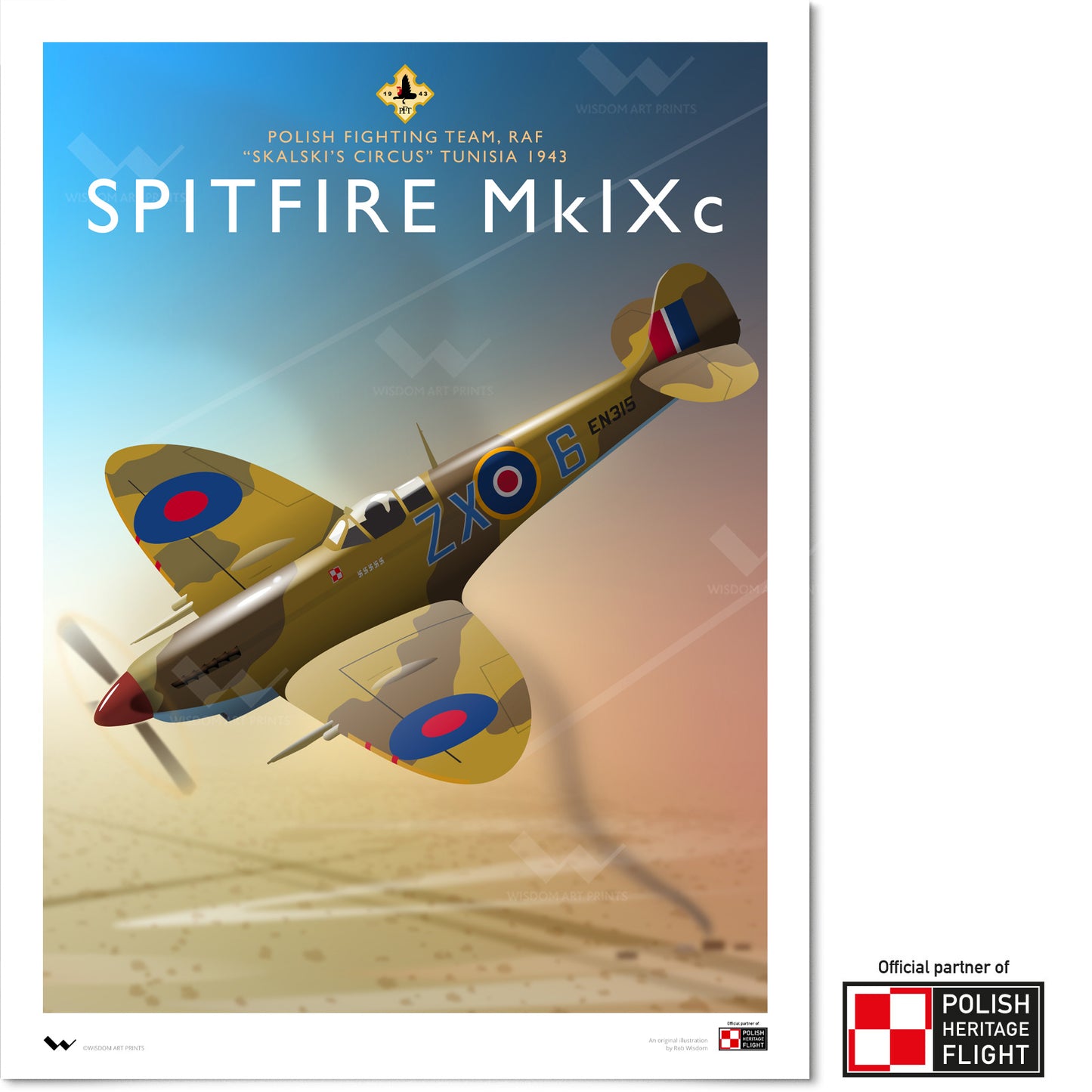 Original illustration of a Spitfire MkIXc in overseas desert markings, flying over the deserts of Tunisia during the North African Campaign of the Second World War.