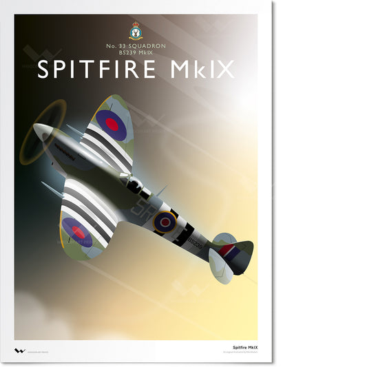 Original illustration of a Supermarine Spitfire Mk IX, with invasion markings on the wings, and the markings of No. 33 Squadron RAF.
