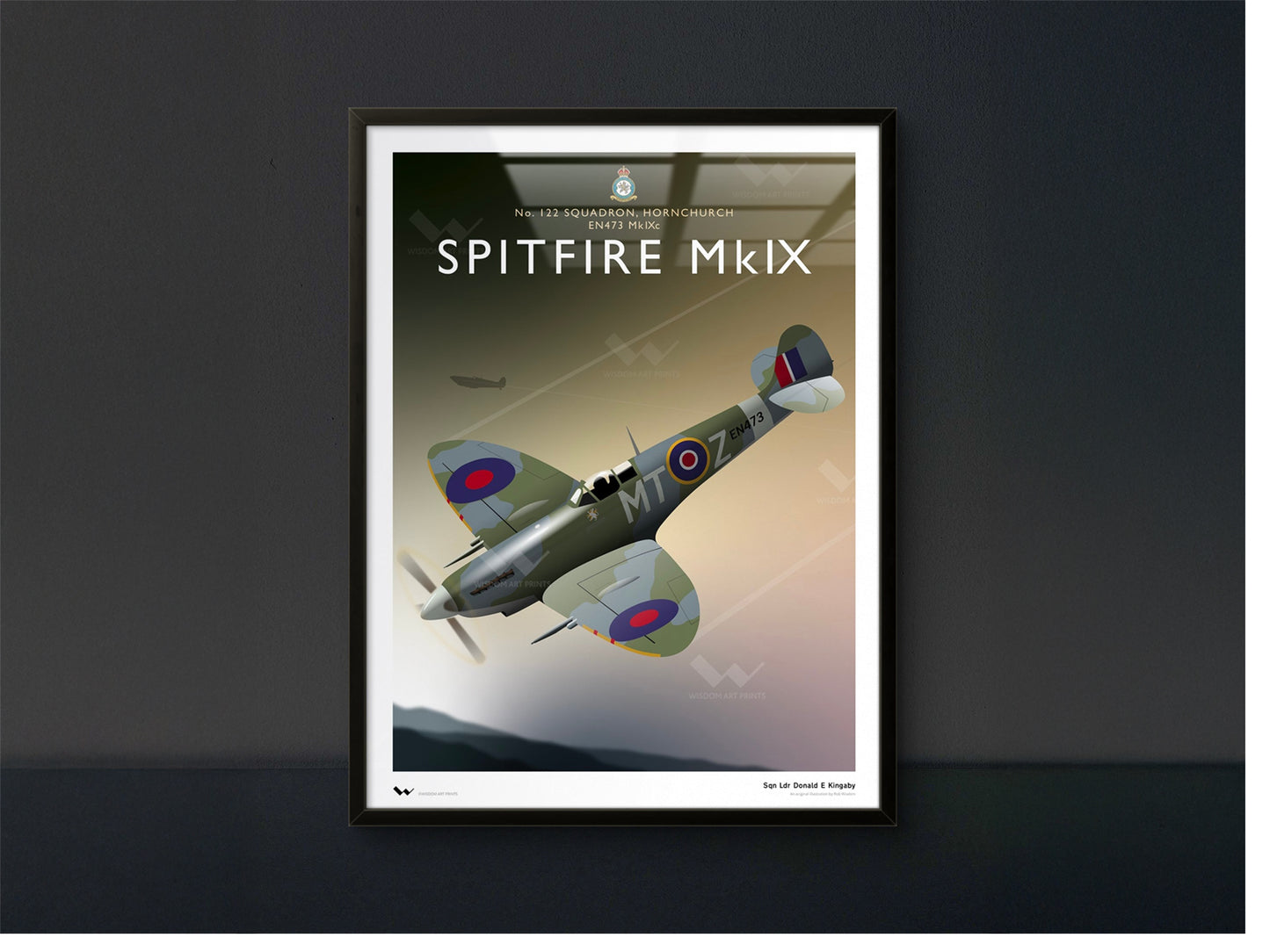 Framed poster of a Spitfire MkIX airplane on a dark background