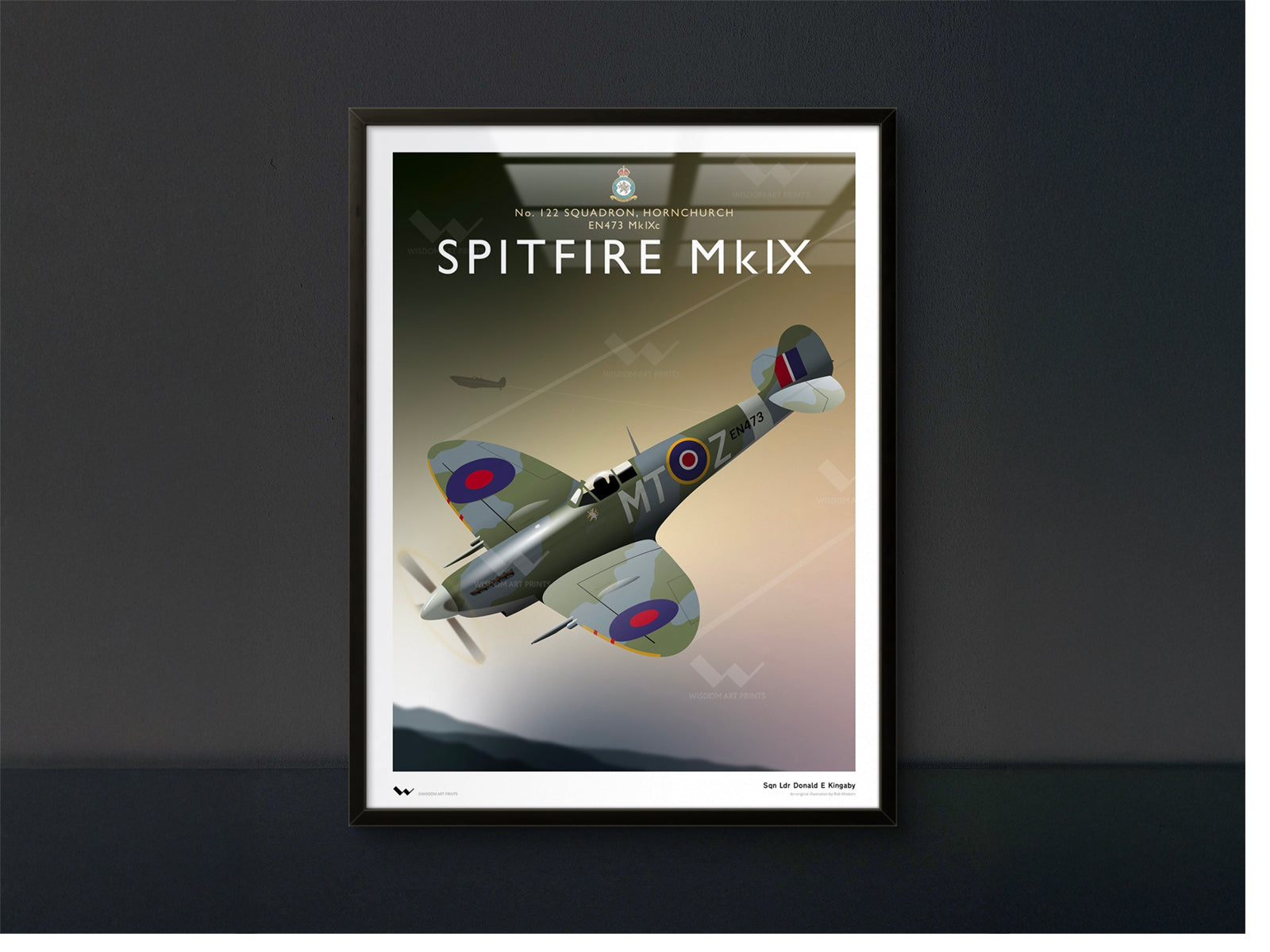 Framed poster of a Spitfire MkIX airplane on a dark background