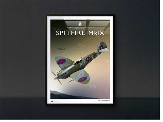 Framed poster of a Spitfire MkIX airplane on a dark background