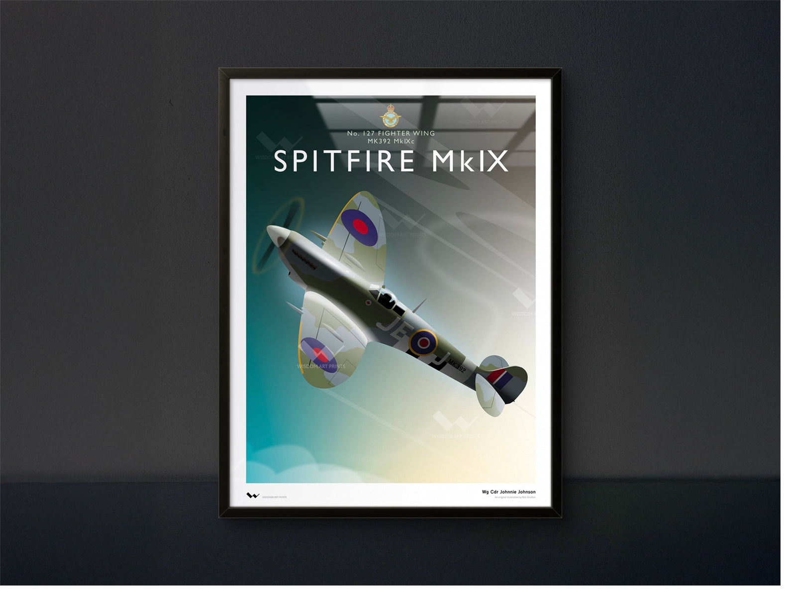 Framed poster of a Spitfire MkIX airplane on a dark background