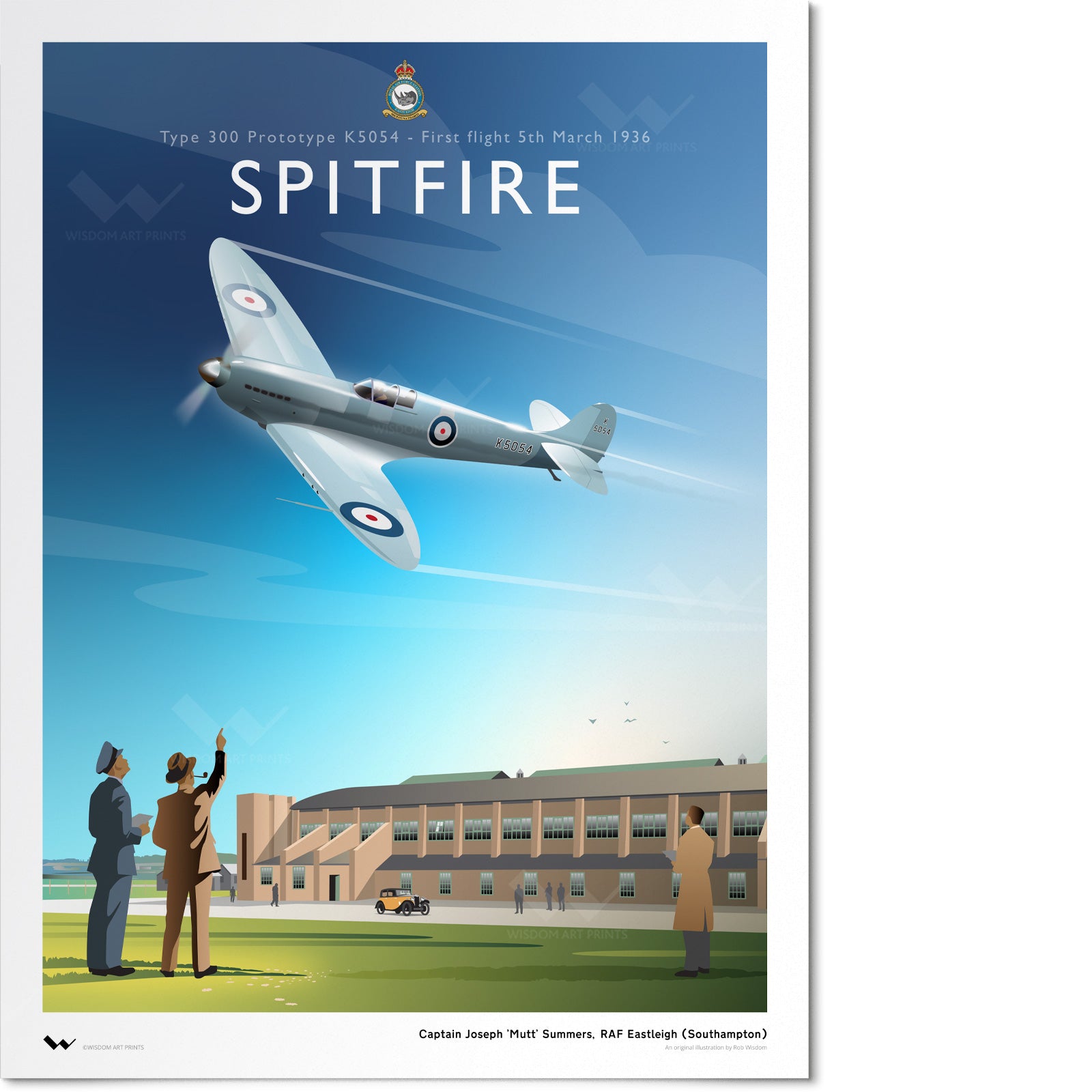 Original art print depicting the maiden flight of the Spitfire, prototype K5054, at RAF Eastleigh, observed by R. J. Mitchell.
