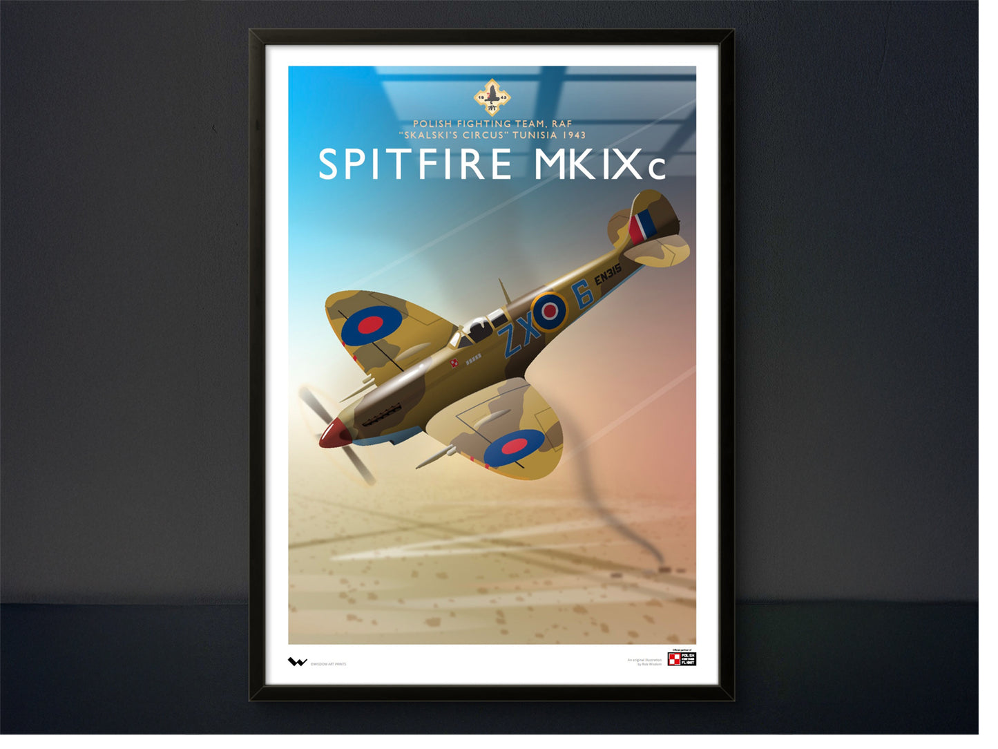 Framed poster of a Spitfire MKIX aircraft on a dark background