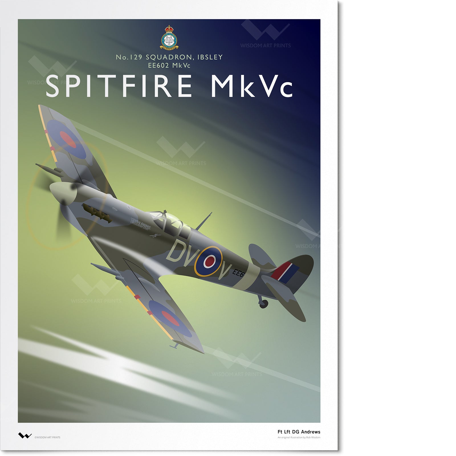 Original illustration of a 'clipped wing' Spitfire MkVc fighter plane.