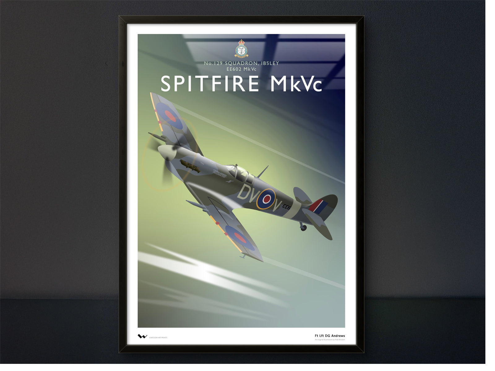 Framed poster of a Spitfire MkVc airplane on a dark background