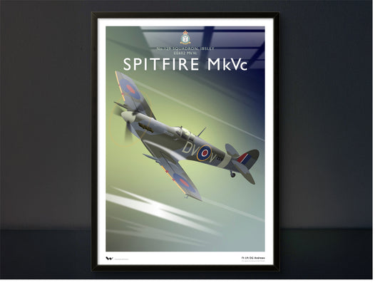 Framed poster of a Spitfire MkVc airplane on a dark background