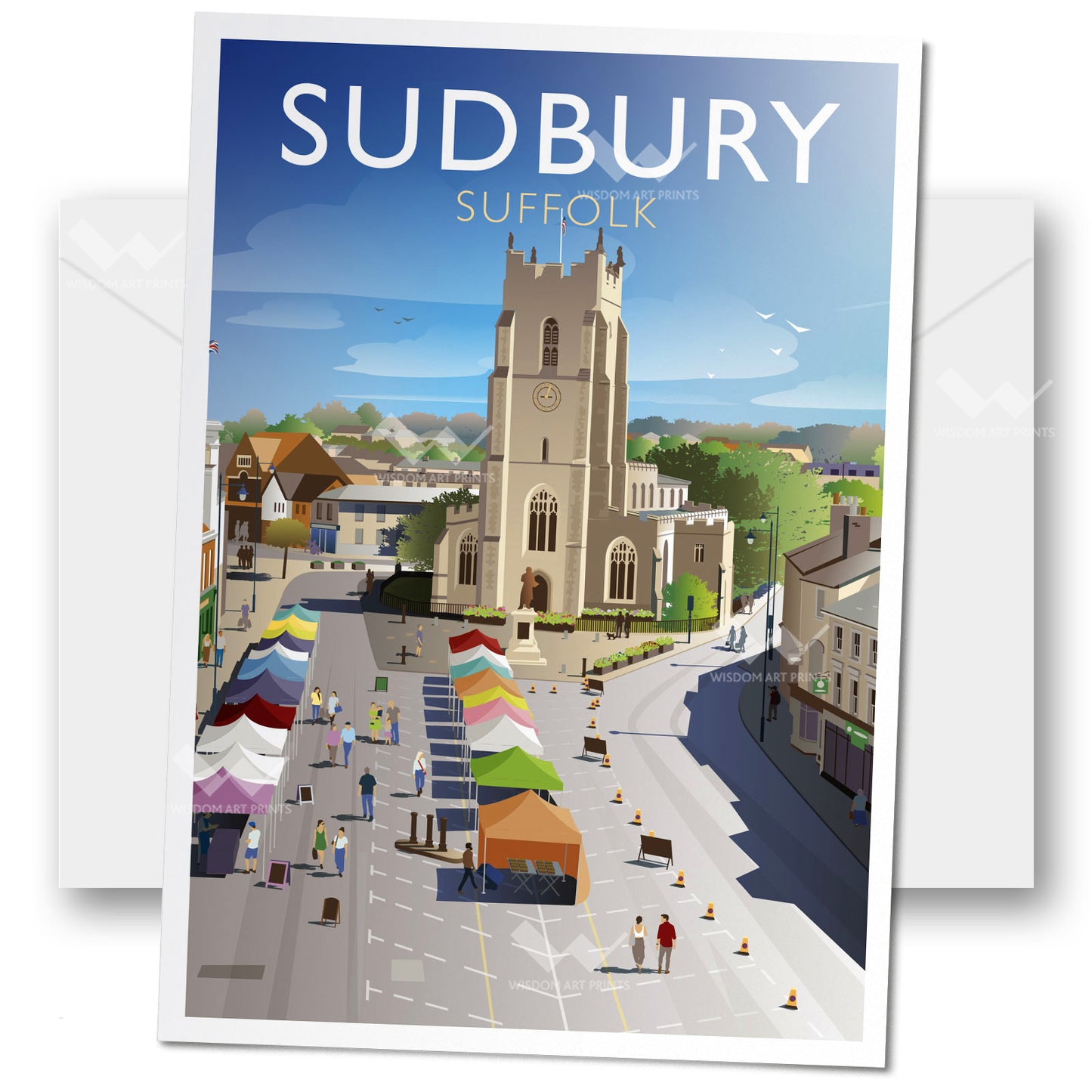 Greeting card with illustration of Sudbury, Suffolk featuring the church and market stalls.