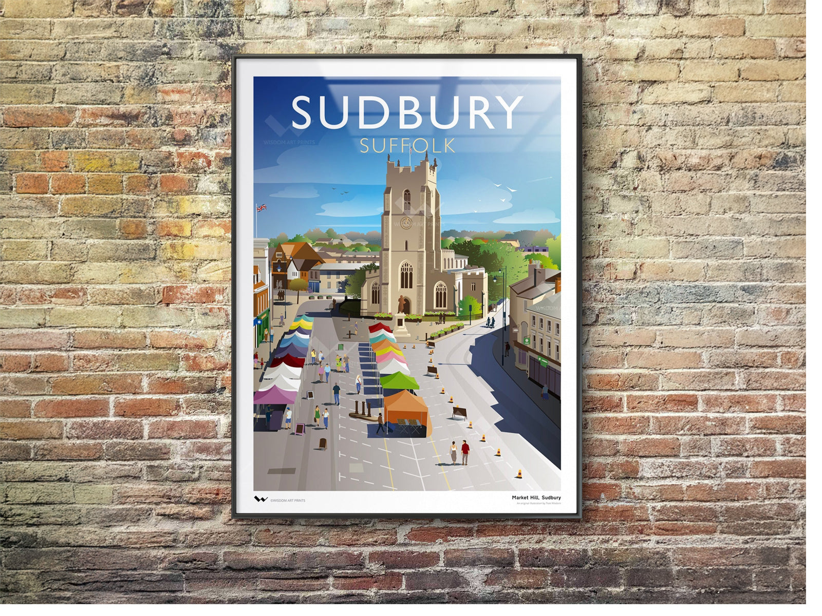 Original illustration of Market Hill in Sudbury, Suffolk, featuring St Peter's Church (now Sudbury Arts Centre).