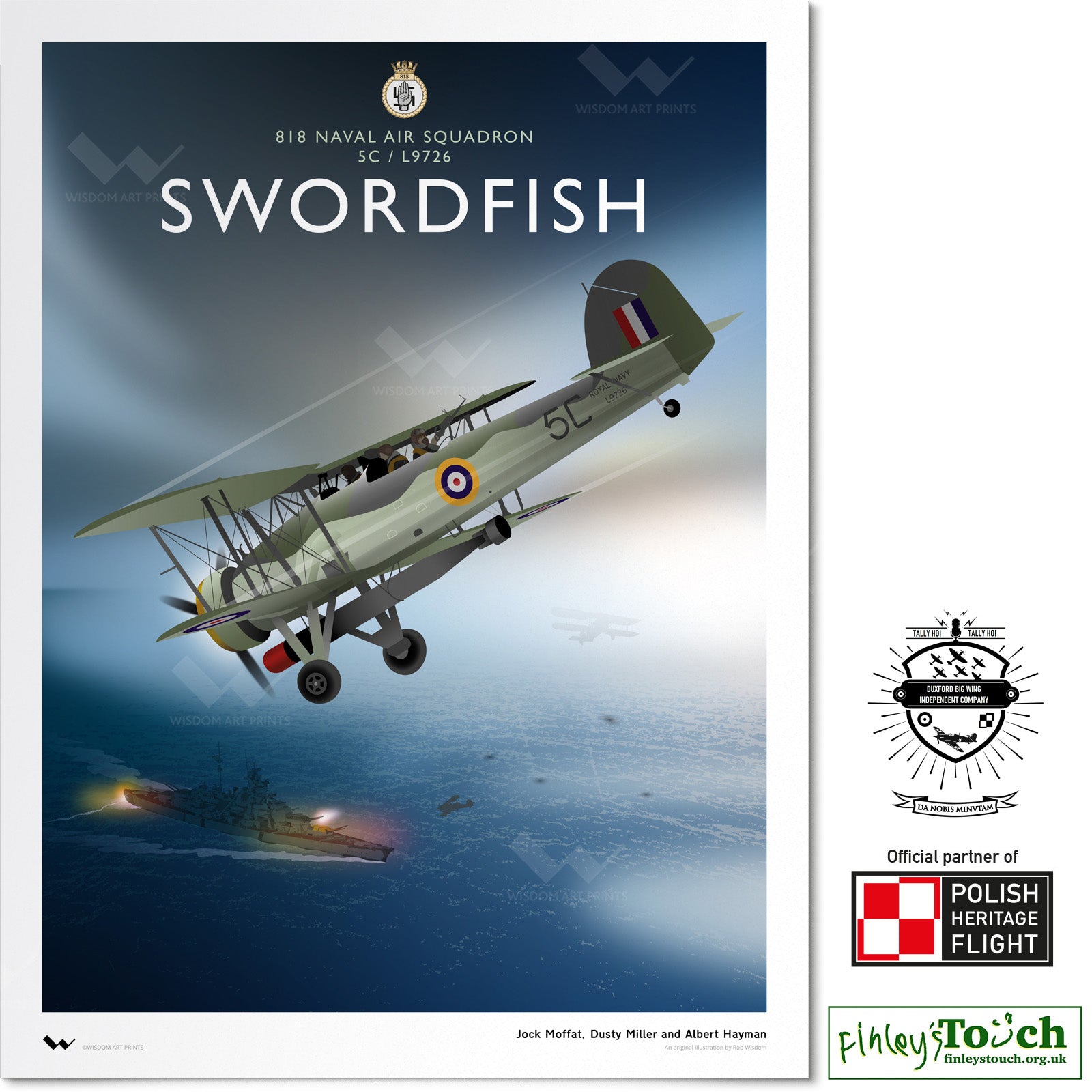 Original art print depicting a Fairey Swordfish torpedo bomber biplane, flying above the Atlantic Ocean in stormy weather. Seen in the background is the German warship Bismarck, firing at a smaller, silhouetted, Swordfish.