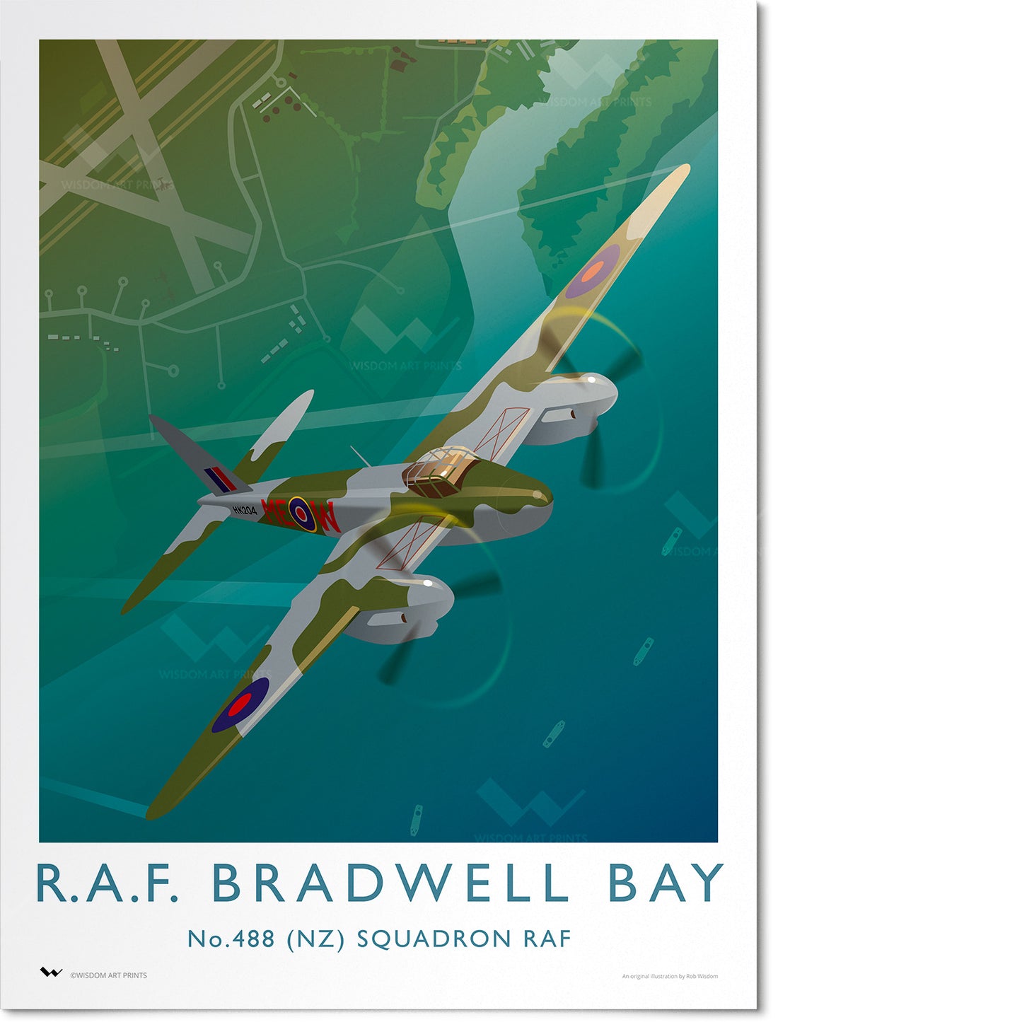 Illustration of a De Havilland Mosquito flying above RAF Bradwell Bay