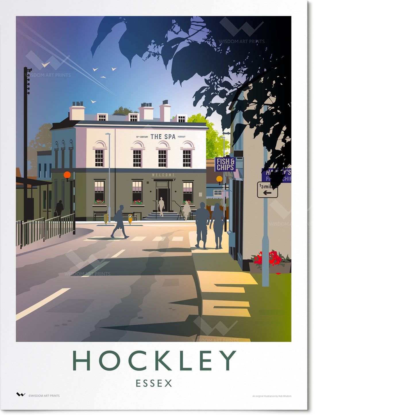 Illustration of a street scene with 'The Spa' building in Hockley, Essex.
