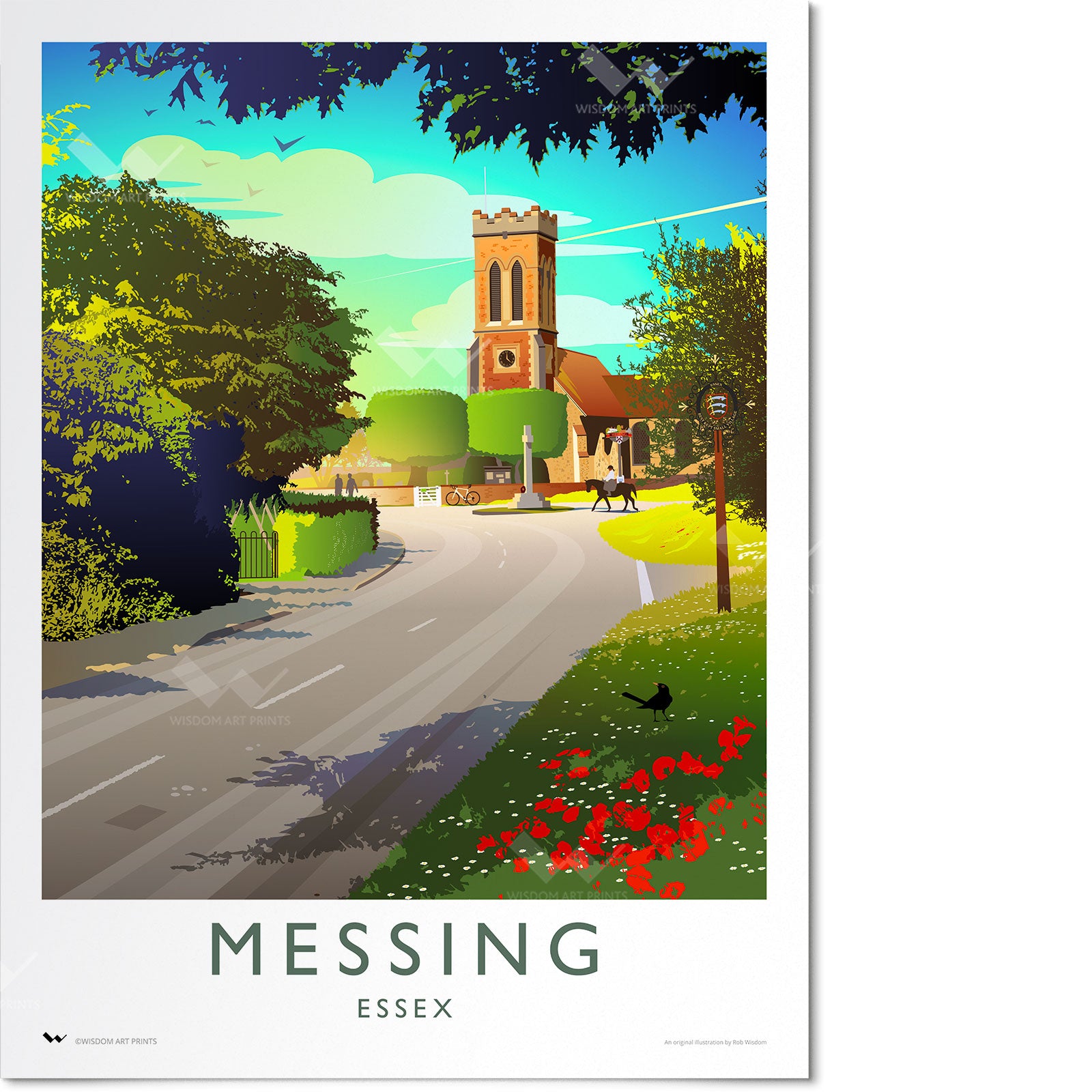 Nostalgic travel poster of the village of Messing in Essex, depicting All Saints' Church, Messing, and Messing War Memorial.
