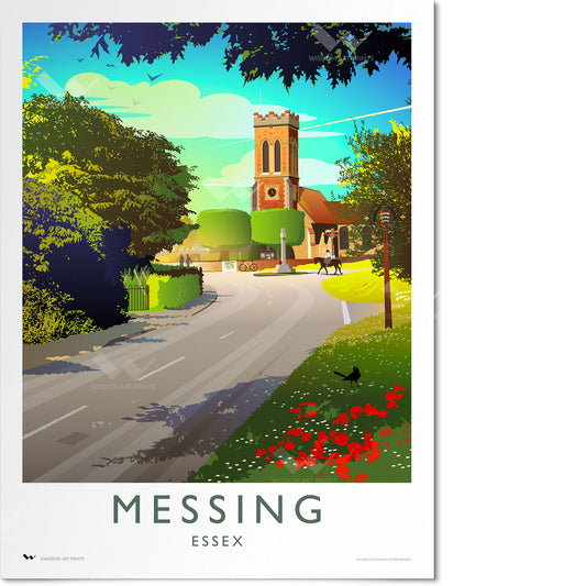 Nostalgic travel poster of the village of Messing in Essex, depicting All Saints' Church, Messing, and Messing War Memorial.