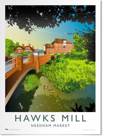 Giclée travel poster of Hawks Mill in an art deco style.